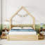Grand lit plateforme en bois naturel avec garde-corps et 2 tiroirs spacieux