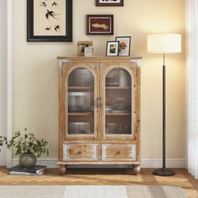 Armoire de rangement Farmhouse, armoire de cuisine en bois vieilli avec 2 portes en verre et 2 tiroirs, armoire de rangement rustique autoportante avec tablettes