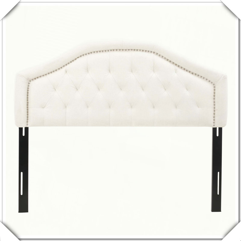 Tufted Upholstered Headboard Metal Legs Nailhead Trim,Queen, Ivory