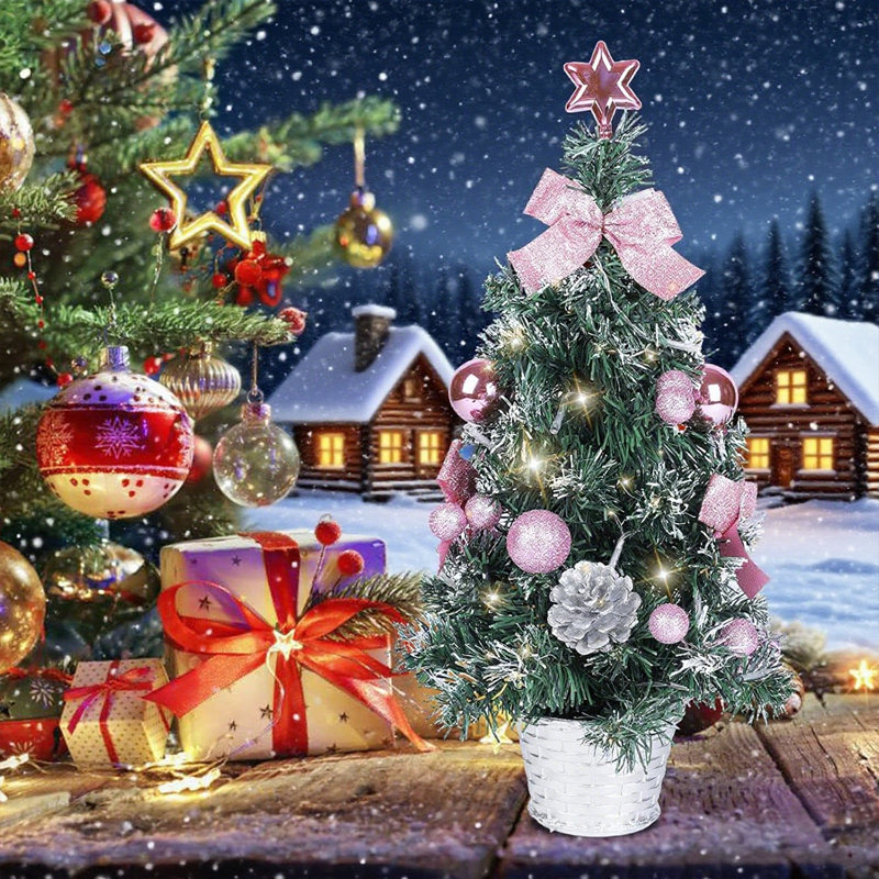 Petit arbre de Noël de 45 cm avec lumières, mini arbre de décoration de bureau avec sommet d'arbre en forme d'étoile, boules, arcs, pommes de pin pour bureau à domicile, bar, décorations de Noël