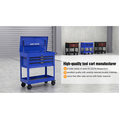 3 DRAWERS MULTIFUNCTIONAL TOOL CART WITH WHEELS AND STEEL TOP-Blue&Black