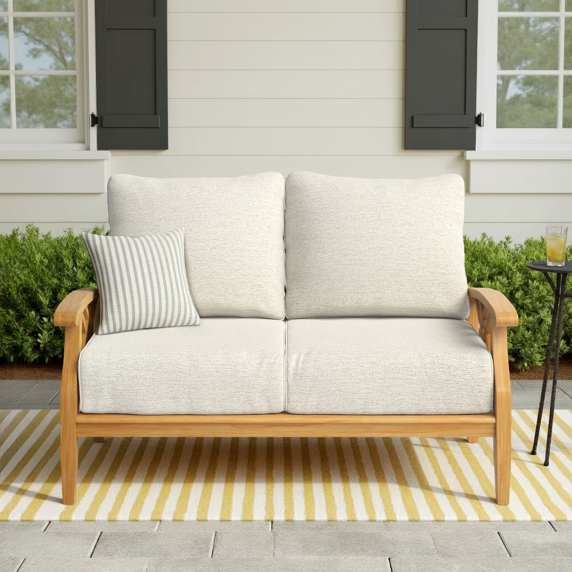 Cotesfield 54.25'' Wide Teak Loveseat with Cushions, Tan Performance Basketweave