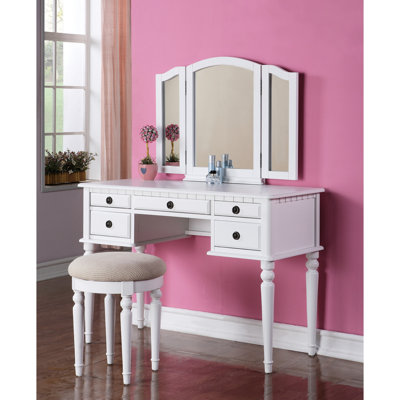 White Color Contemporary Bedroom Vanity With Foldable Mirror, Padded Stool And Storage Drawers, Echoing Gilded Age Aesthetic, Rubberwood Classic Design Age, Solid Construction