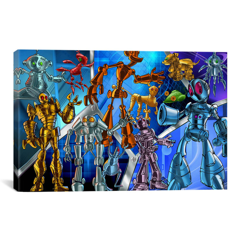 Dessin de Leonia - Robots - reproduction sur toile, H 12 po x l 18 po x P 1,5 po, Toile tendue, Pas de tapis