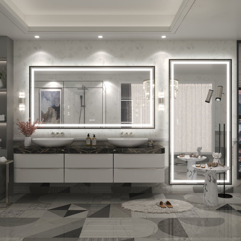 Molly Framelss or Framed LED Anti-Fog Tempered Glass Wall Bathroom Vanity Mirror - UL Certified, 72" x 36", Black