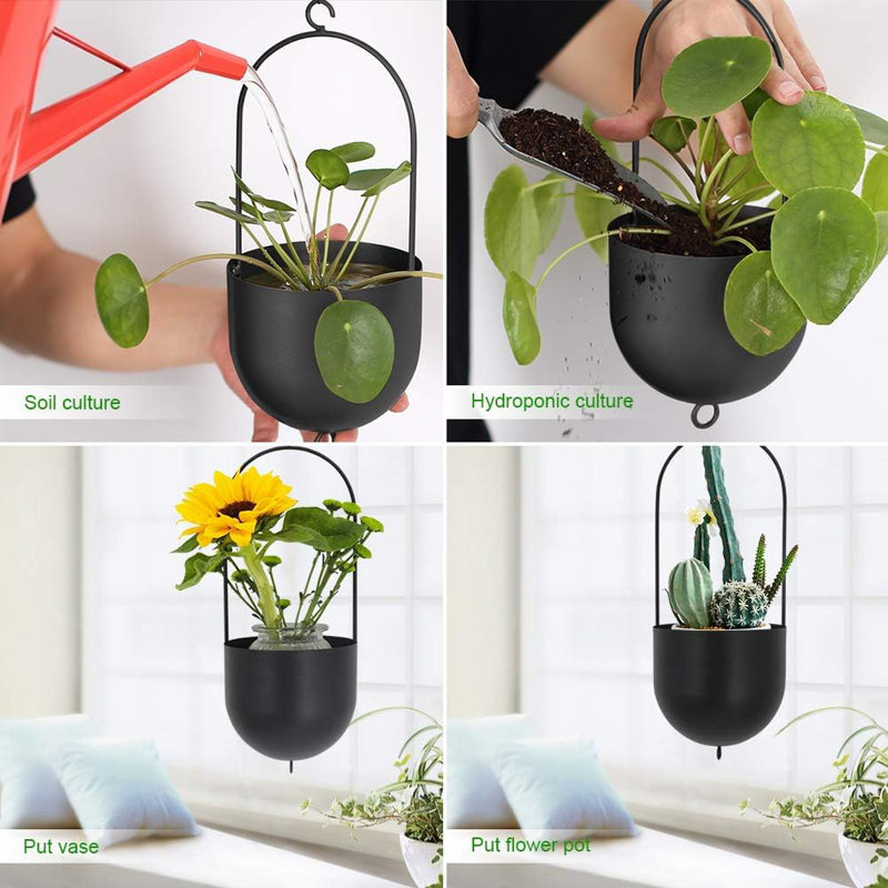 6.3" Black Oval Hanging Planter With Drainage