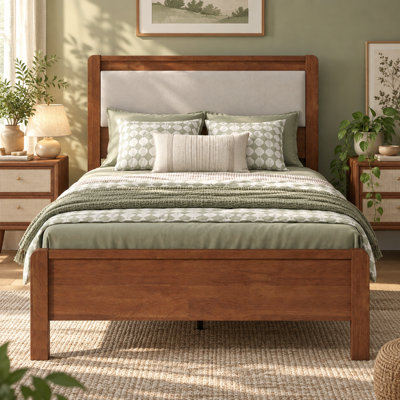 Lit plateforme Geng Twin XL en bois massif avec tête de lit rembourrée et rangement intégré (en liquidation), sommier non requis
