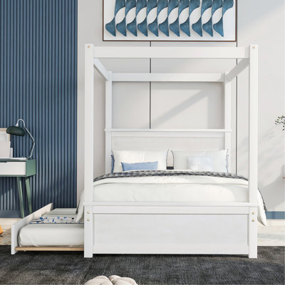 Lit élégant pour appartement, chambre d'amis, lit à baldaquin en bois élégant avec lit gigogne, lit plateforme à baldaquin avec lattes de soutien