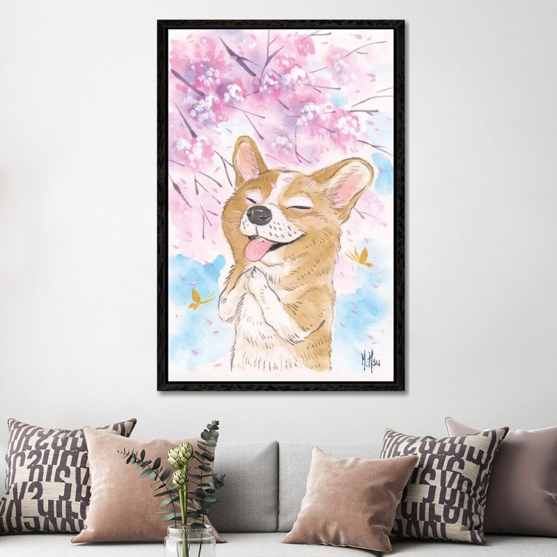 Cherry Blossom Wishes - Corgi by Martin Hsu - Painting on Canvas, 152.5 cm H x 101.5 cm W, Black Framed