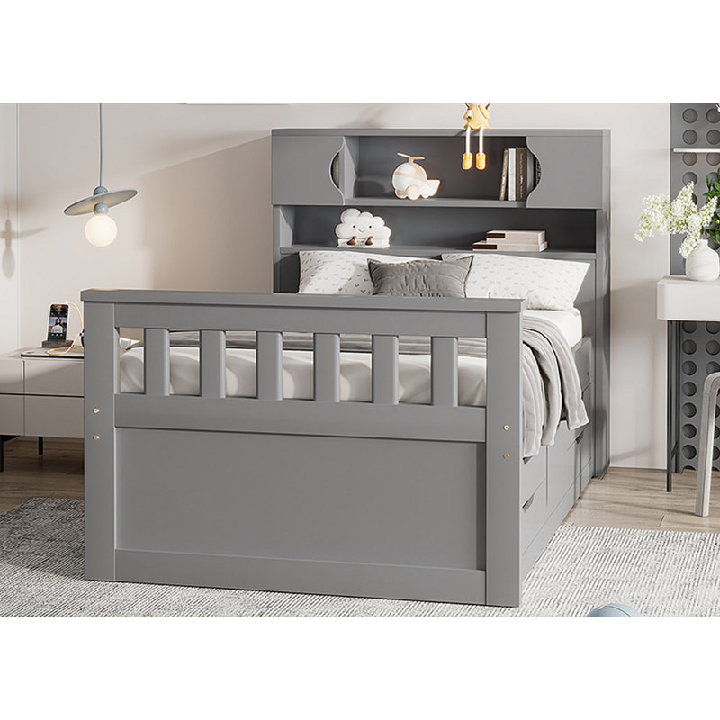 Base de lit plateforme capitaine avec bibliothèques de rangement et tablettes, quatre tiroirs, Gris