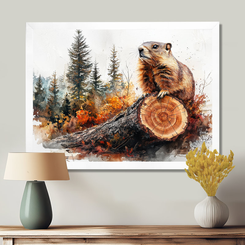 «Canadian Groundhog In Forest Landscape II» - art mural marmotte, Cadre simple, H 16 po x l 32 po, Blanc