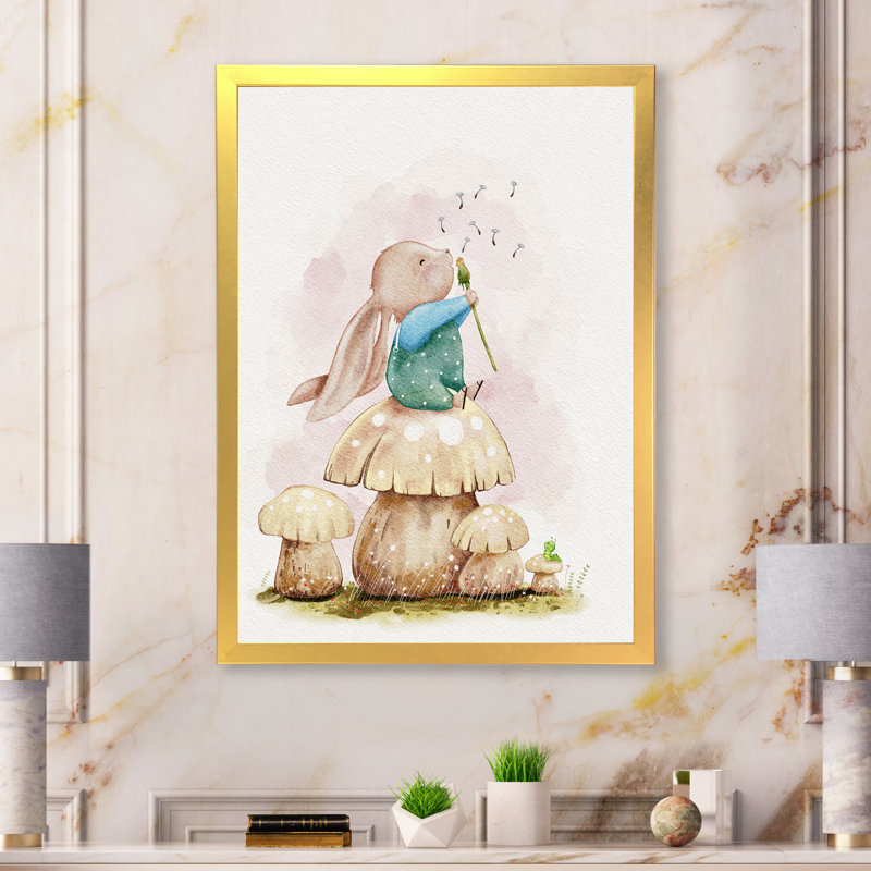 Illustration de toile mignonne de lapin en train de souffler une fleur, H 24 po x l 36 po x P 1 po, Cadre photo doré