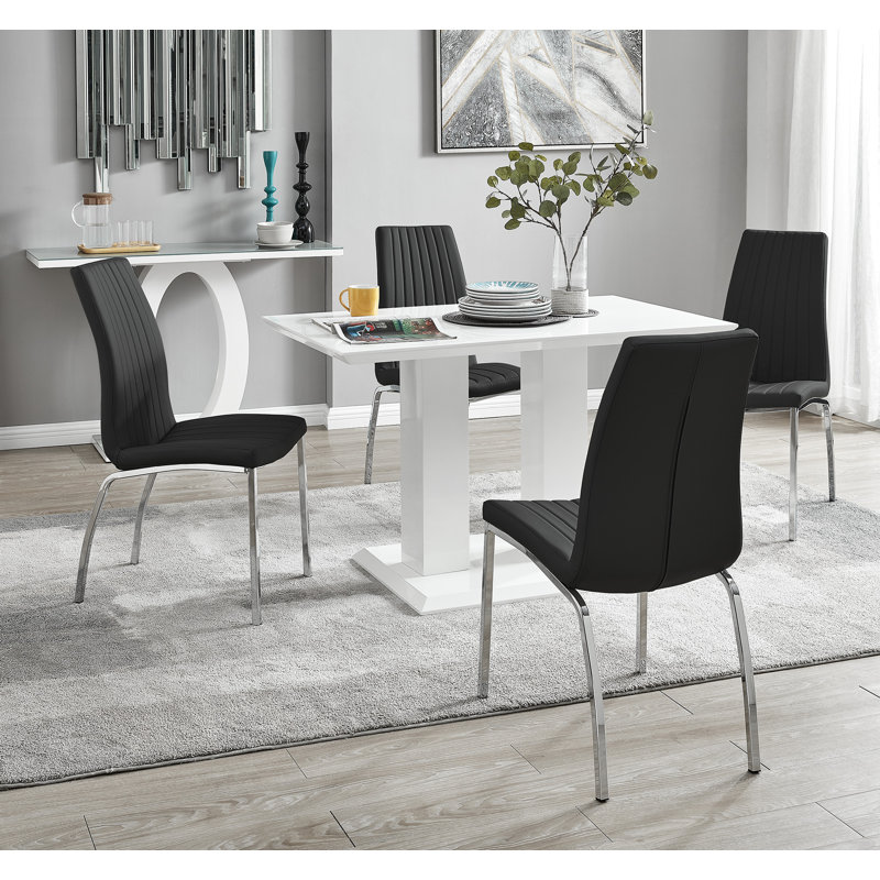 Eubanks High Gloss Double Pillar Dining Table Set with 4 Luxury Faux Leather Dining Chairs, Black