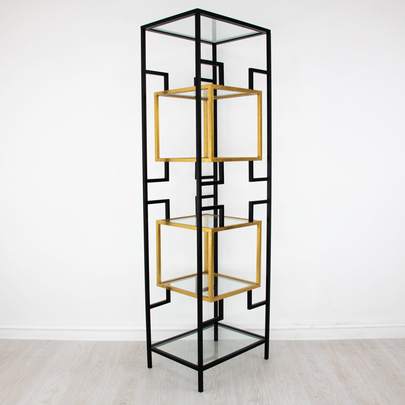 Bullani Geometric Bookcase, (5 Shelves) 80" H x 24" W x 18" D, Black/Gold