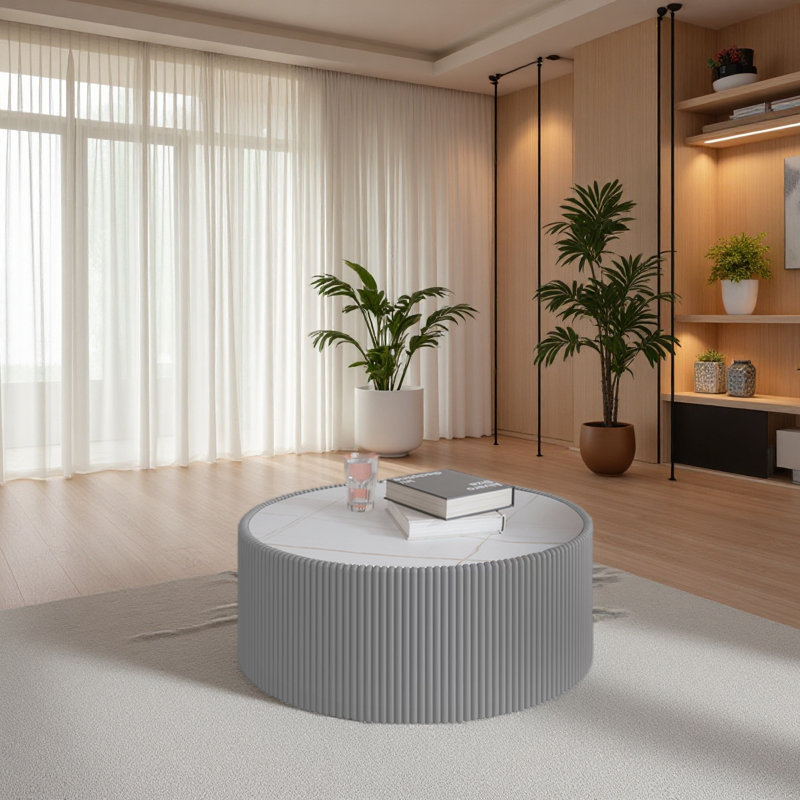 Table basse moderne en cuir fritté avec dessus en pierre, Gris