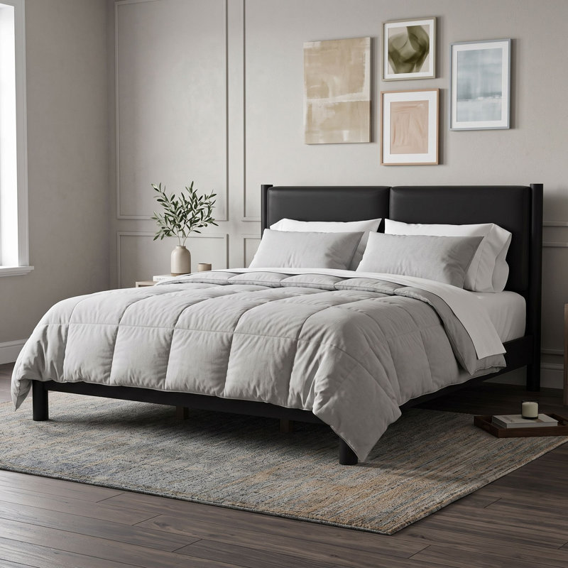 Queen Wood Standard Bed with PU Leather Headboard, King, Black