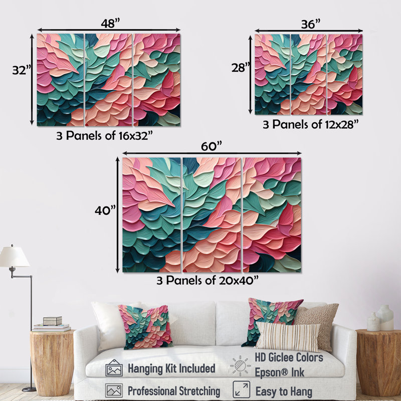Fleurs roses et vertes en mouvement - Art animalier, Toile tendue, H 32 po x l 48 po x P 1 po