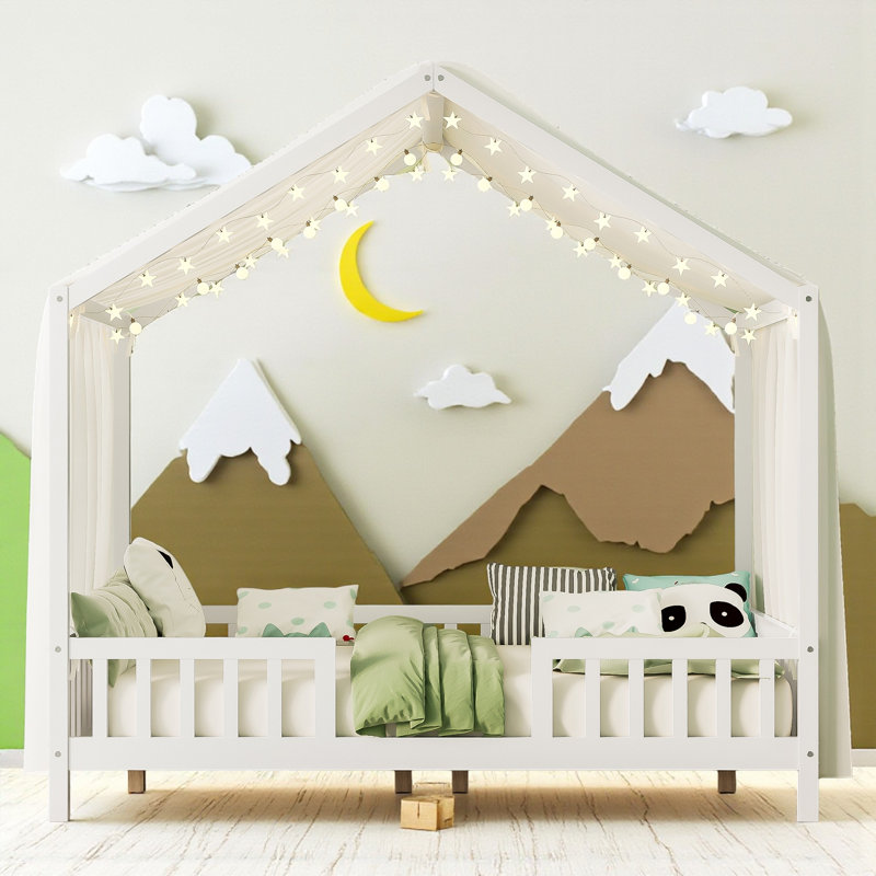 Wood Canopy Bed Floor House Bed With Fence, Full, White
