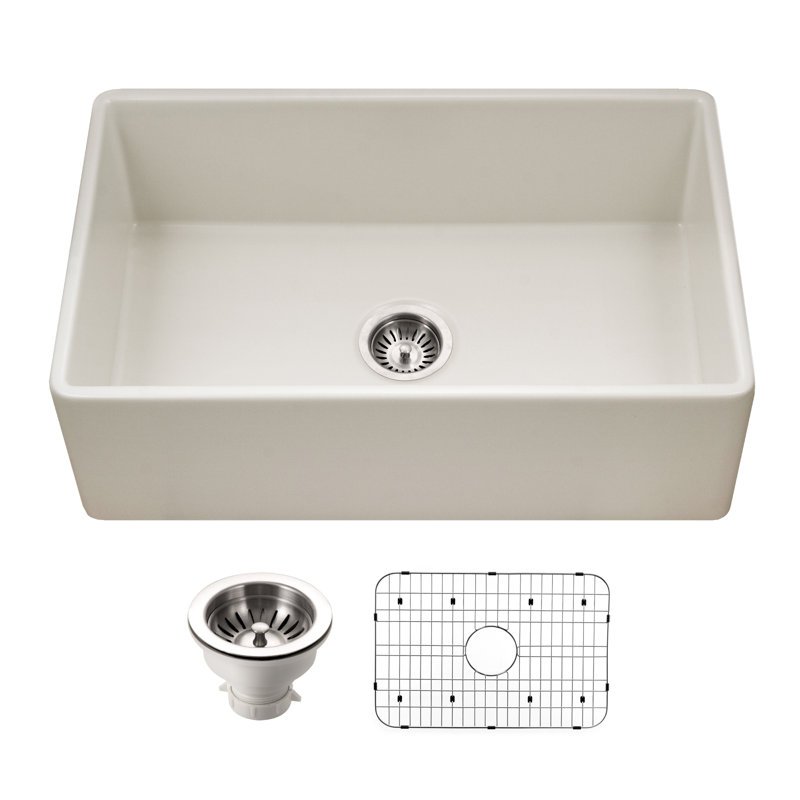 Évier de cuisine simple avec crépine en argile réfractaire 30 x 18 po Houzer avec grille, Biscuit