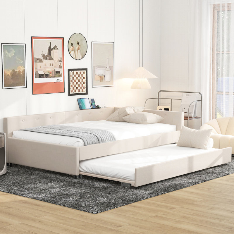 Lit plateforme double tapissier pleine grandeur beige avec lit gigogne et construction, sans sommier tapissier