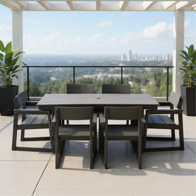 Grey 7 Outdoor Dining Seating 6 Weather- Patio Table With Umbrella Hole And Armrest Chairs, For Deck Poolside, Strong Impact Garden Furniture, Customizable