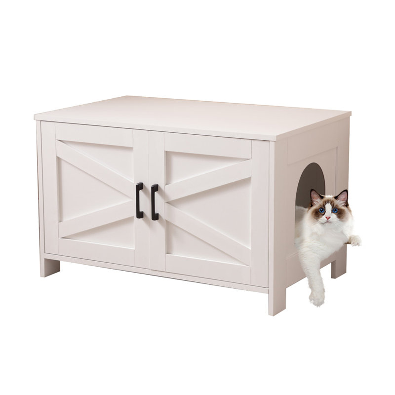 White Engineered Wood Cat Litter Box Enclosure with Barn Door