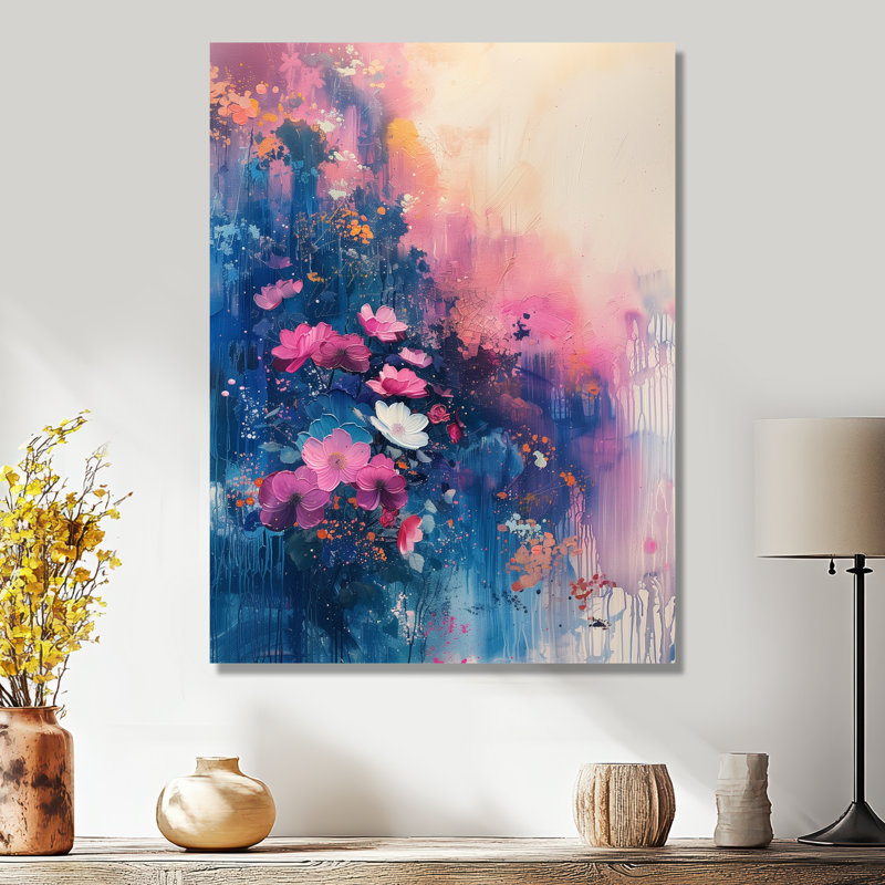 Collage de fleurs bleues et roses - décoration murale fleurs, Métal métal, H 32 po x l 24 po