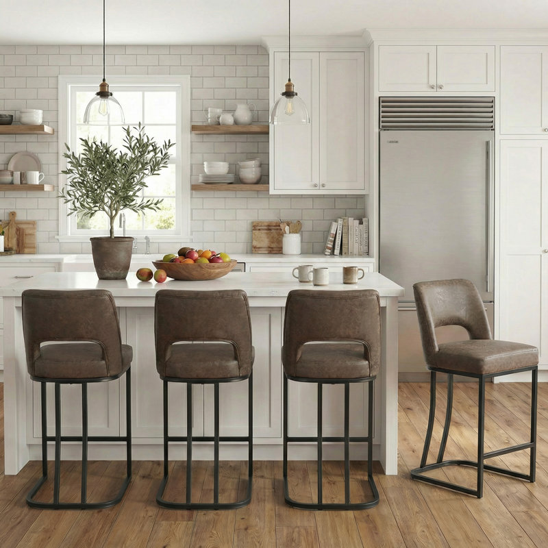 Modern Counter Height Barstools with Cutout Back, Comfy Faux Leather Kitchen Island Stool with Metal Frame, Set of 4, 4