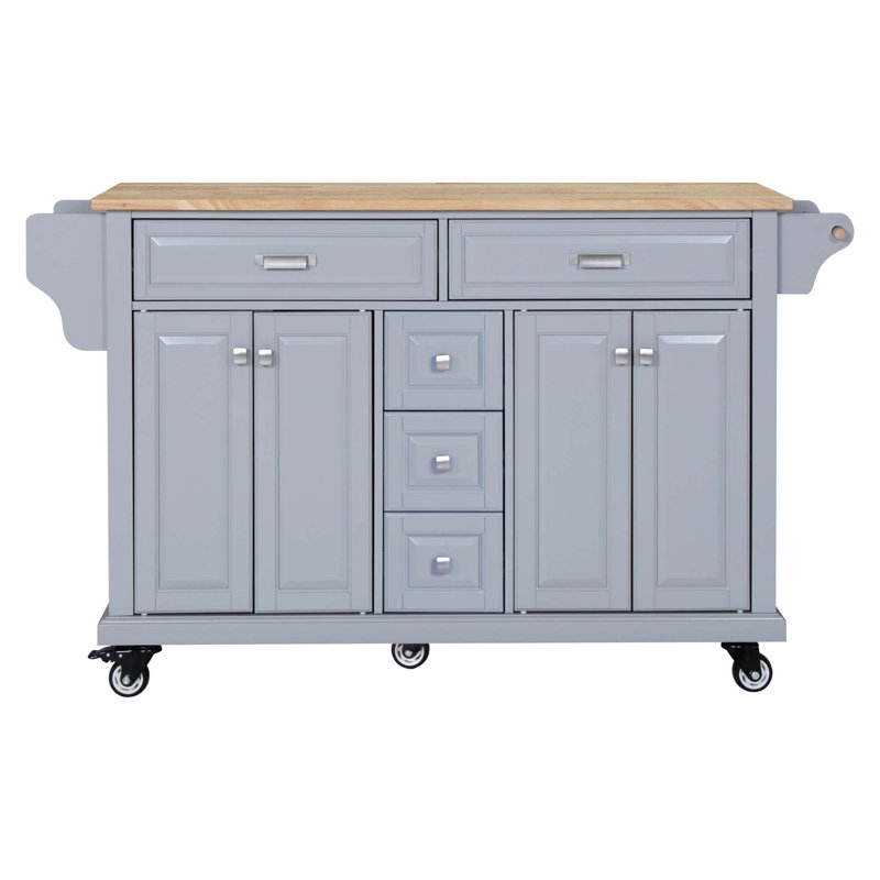 Durable Kitchen Island With Rubber Wood Countertop, 5-Wheel Mobility, And Ample Storage For Enhanced Cooking Experience, Gray