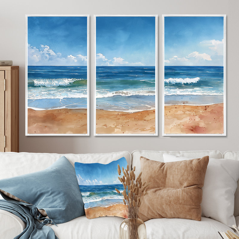 Ensemble de salon art mural bleu et blanc italien Beachside Escape II, Toile encadrée flottée blanche