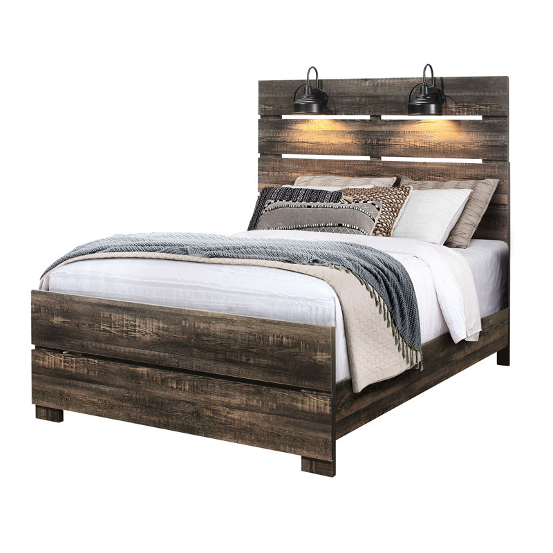 Grand lit au fini chêne foncé, sommier tapissier, tête de lit, lit de style moderne avec panneau lumineux et lattes