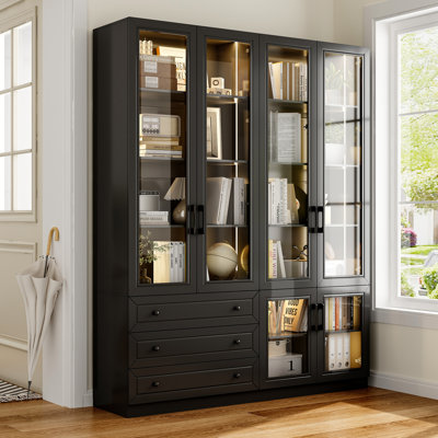 63" Glass Door Display Bookcase Cabinet With LED Lighting