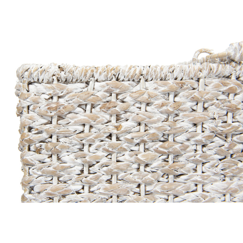 Braided Bankuan and Rattan Stair Basket with Whitewash Finish and Handles, White