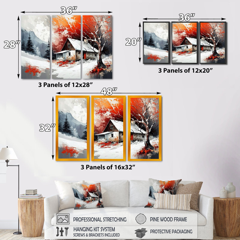 «Red Barn Scenery In Winter IV», ensemble d'art mural sur toile, Cadre flottant blanc, H 32 po x l 48 po