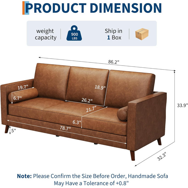 Ebern Designs 86" PU Leather Sofa, 3 Seat Mid Century Couch with Deep ...