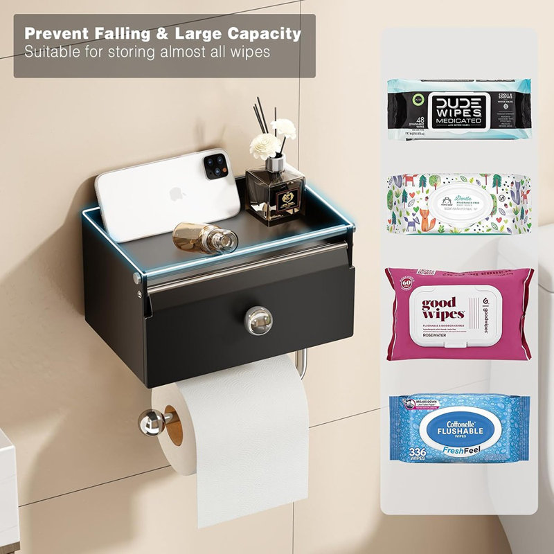 Porte-papier hygiénique avec tablette - Organisateur de salle de bain mural noir mat avec distributeur de lingettes jetables et rabat frontal