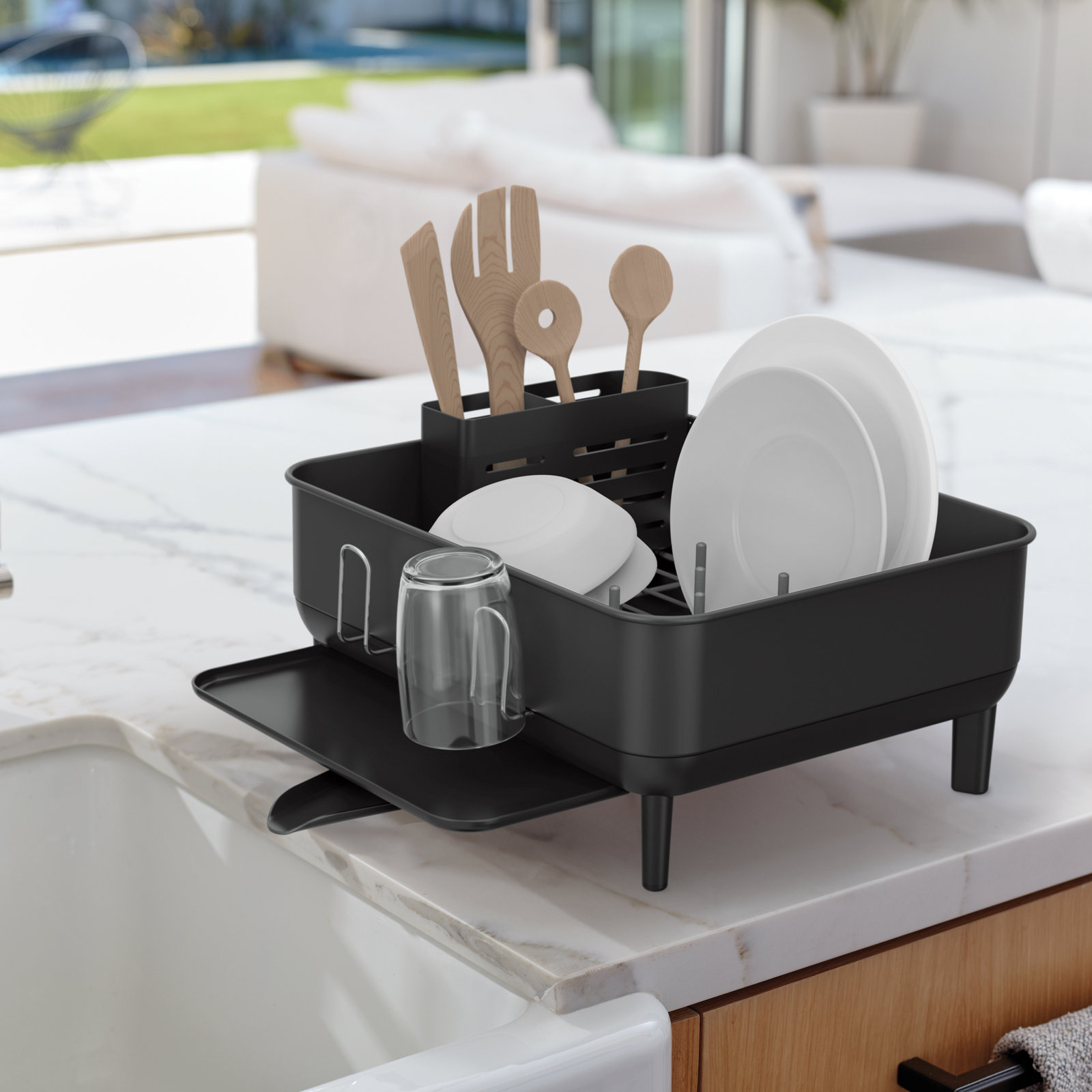 simplehuman Compact Kitchen Dish Drying Rack with Swivel Spout, Fingerprint-Proof Stainless Steel Frame, Black Steel/Black
