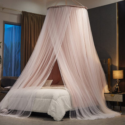 Luxurious Bed Canopy For Girls & Adults - Double Layer Princess Canopy With Lace, Round Dome Mosquito Netting For Queen/King Bed Tent (Pink)