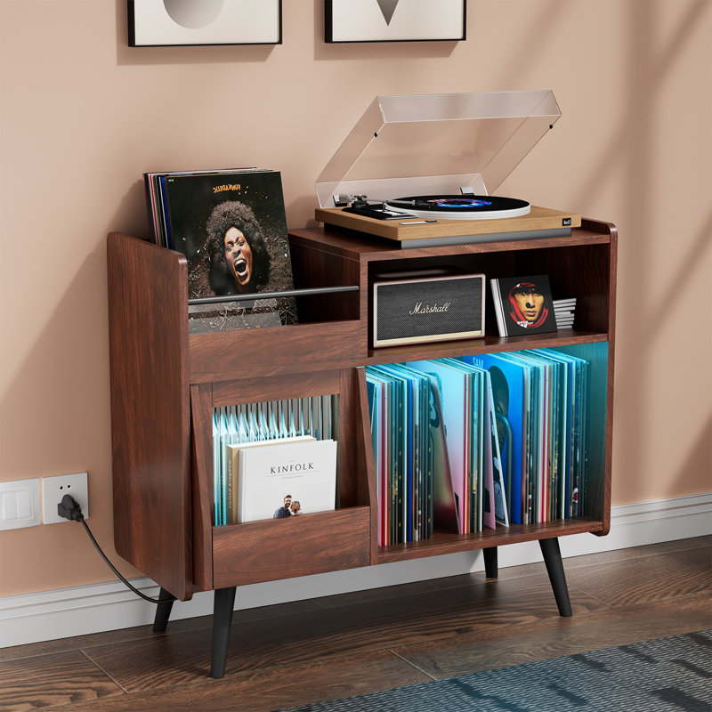 Large Record Player Stand, 350 Vinyl Record Storage Holder with Power Outlet and LED Light, Brown
