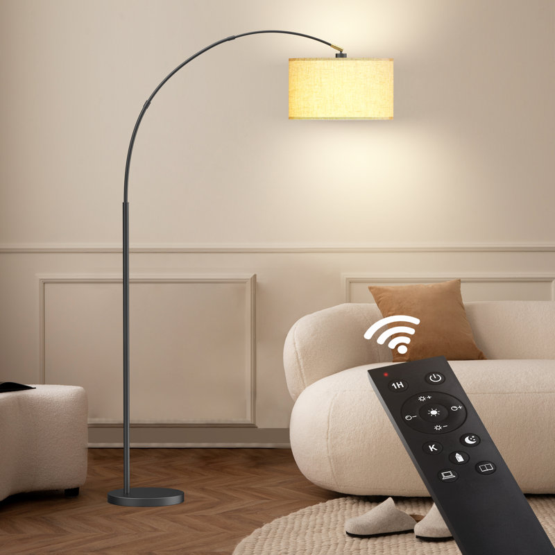 Lampe sur pied arquée 78,7 po Asem avec télécommande, ampoule DEL incluse et grand abat-jour Asem, Beige, Noir mat