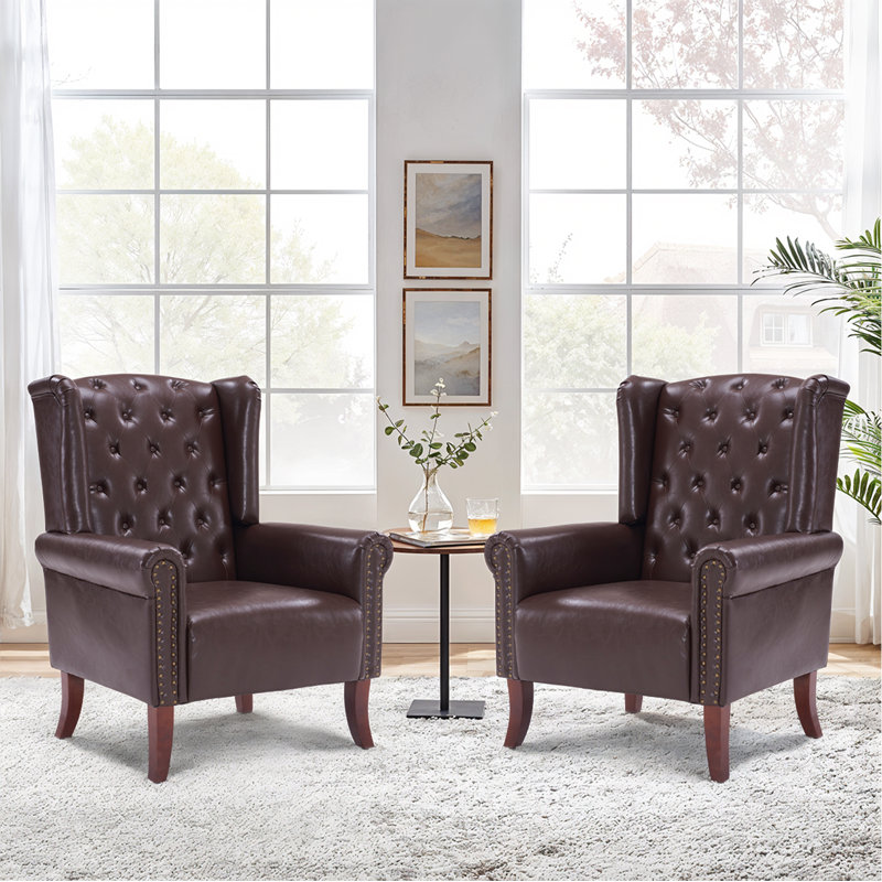 31.5" Wide Faux Leather Wingback Chair, Caramel Faux Leather