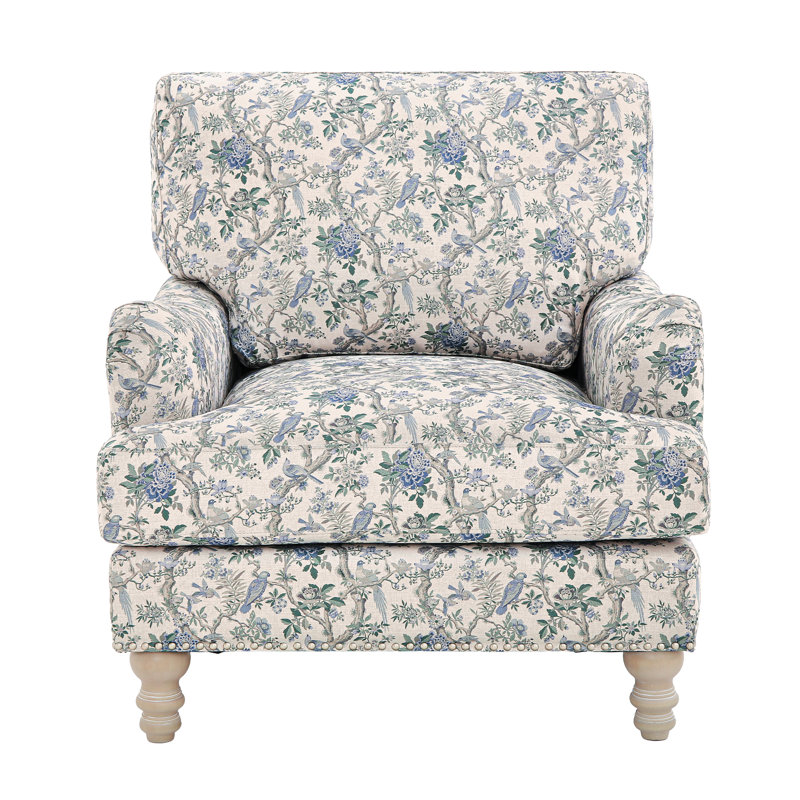 Salom Upholstered Armchair, Blue Flower Bird Polyester/Gray Wood
