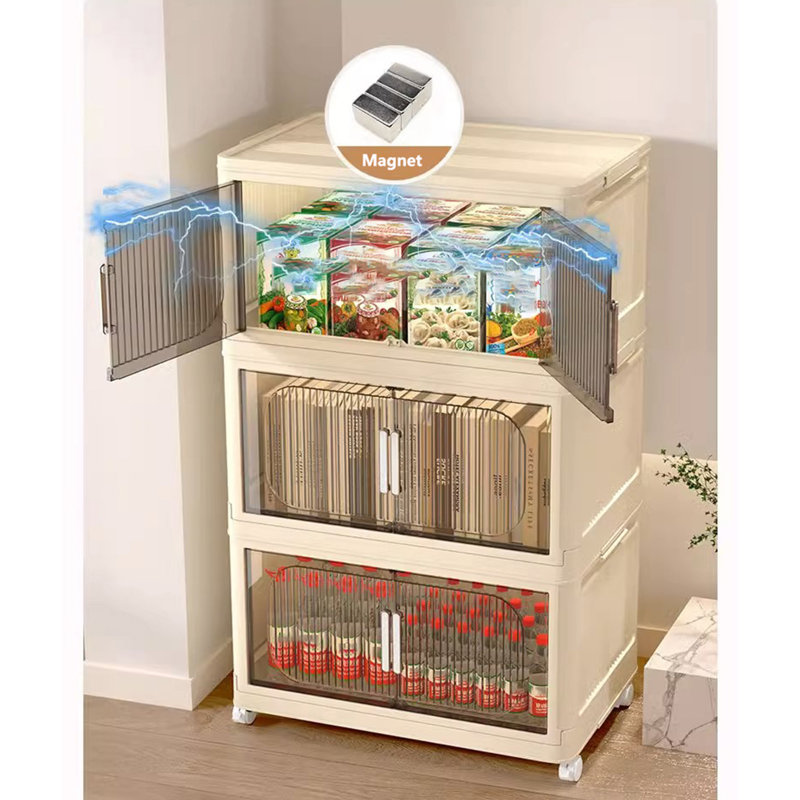 3-Tier Folding Storage Cabinet - 19.69" Wide, Collapsible With Magnetic Door, Plastic Storage With Wheels