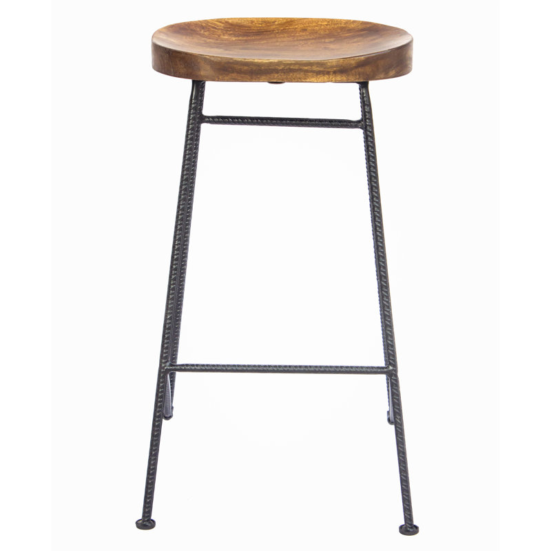 Tabouret de bar 28 po avec siège en bois de manguier, pieds en fer