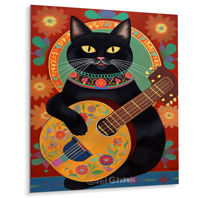 Chat noir boho jouant de la guitare - art mural chat, Métal métal, H 44 po x l 34 po x P 1,5 po