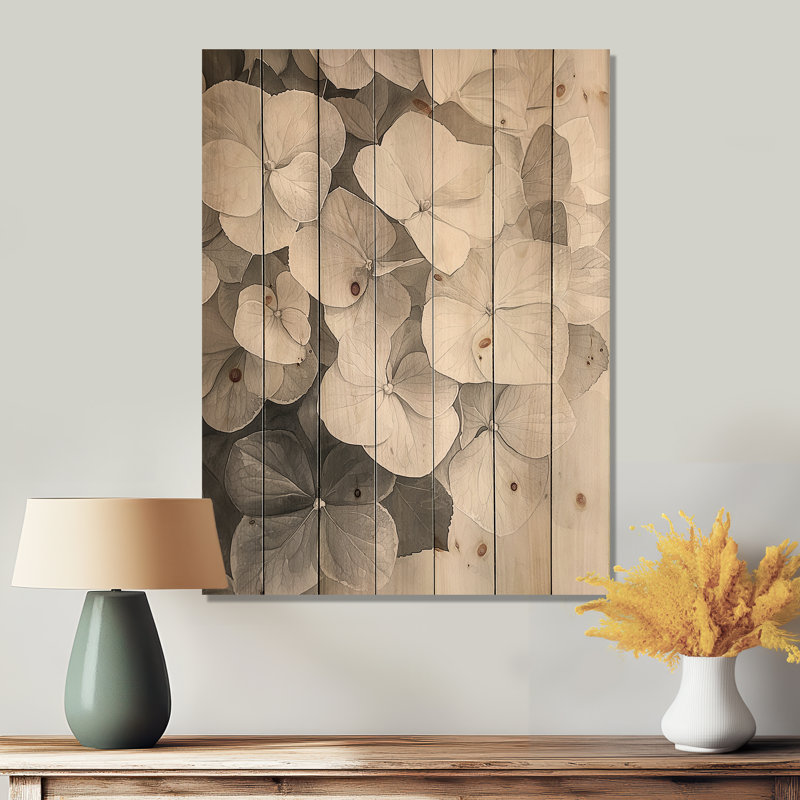 Vintage Hydrangea In Monochrome I - Hydrangea Wood Wall Decor - On Natural Pine Wood, 44" H x 34" W x 0.78" D