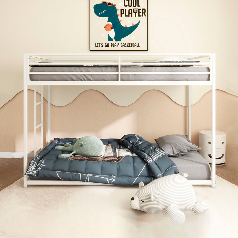 Sturdy Metal Bunk Bed For Kids & Adults – Low Profile With Easy Climbing Ladder, Twin Over Twin, White