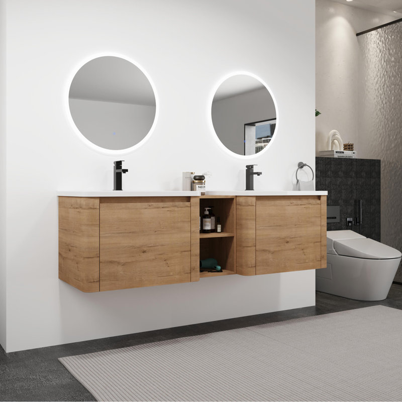 Meuble-lavabo double 68 po avec tablettes et plateau en céramique