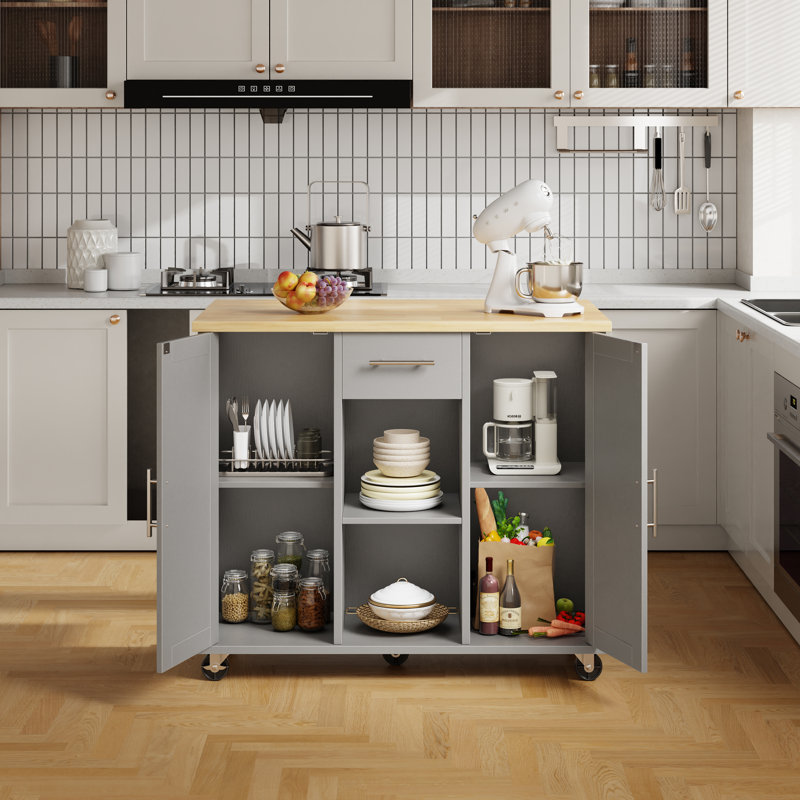 Chariot roulant pour îlot de cuisine avec plateau de boucher - Poste de travail portatif avec tablettes de rangement et roulettes verrouillables