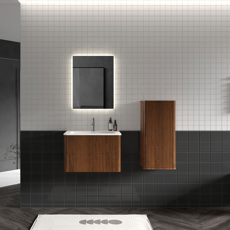 Ensemble de meuble-lavabo mural pré-assemblé avec comptoir avec trop-plein 24 po Hannemarie, Noyer, Matte White, 24"